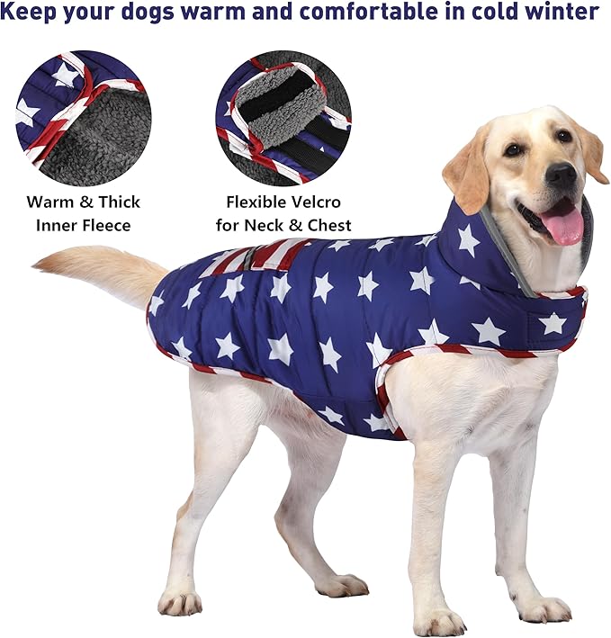 Dog Coat, Waterproof Dog Winter Jacket with Pocket, Reflective Adjustable Pet Snow Vest, Warm Cozy Fleece Sweater for Small Medium Extra Large Dogs - American Flag, XS