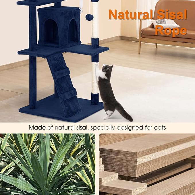 Cat Tree 69.3 inches Cat Tower for Indoor Cats Cat House with Replaceable and Removable Dangling Ball Cat Trees and Towers with Funny Toys, Navy Blue