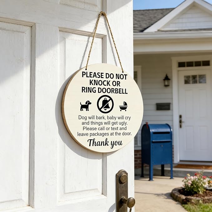 Baby Sleeping Sign For Front Door Do Not Ring Doorbell Sign Wooden Do Not Knock Or Ring Doorbell Signs Baby Sleeping No Doorbell Signs For New Parents Gifts