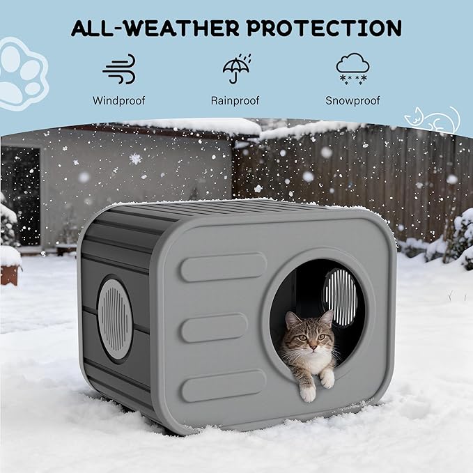 NUNU LAB Plastic Cat House Outdoor, Cats House for Indoor, Weatherproof Cat House, Camera Shaped Design, with Escape Door, for Small to Medium Cats (Grey)