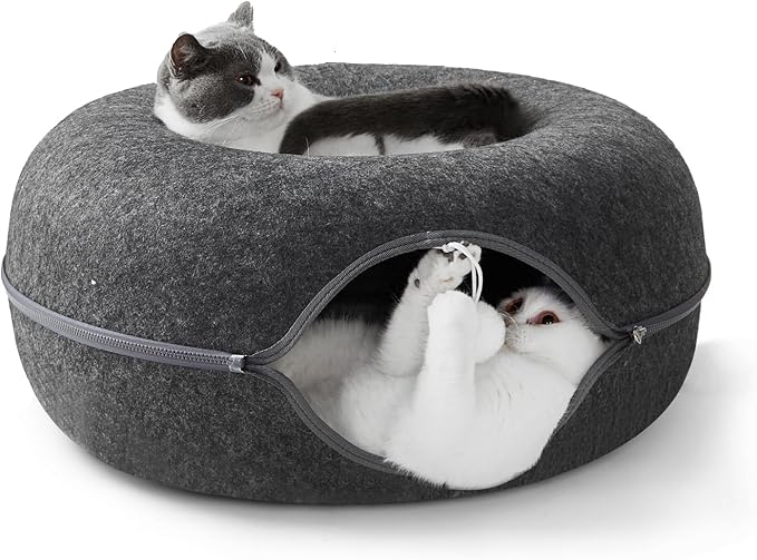 Peekaboo Cat Tunnel for Large Cats up to 30 lbs, Features A Jingle Ball, Removable and Washable Tunnel Bed, and a Cozy Donut Tunnel (Dark Grey, 24 Inches)