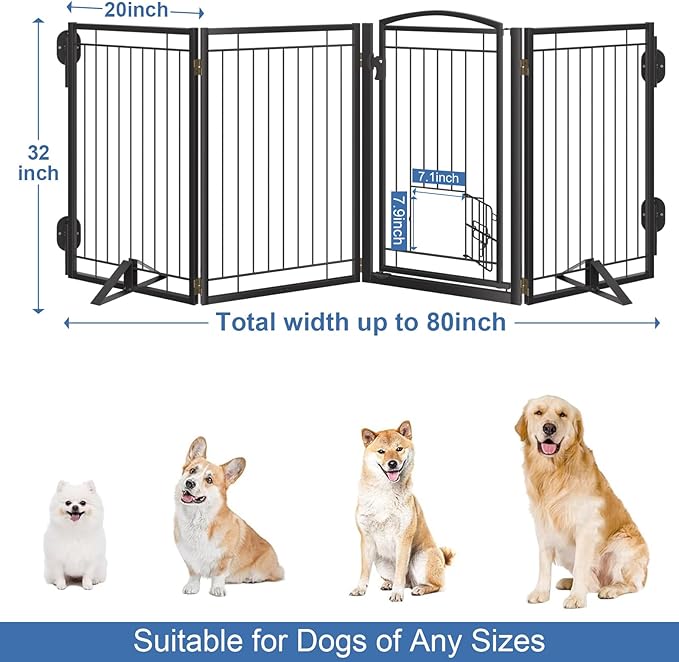 Full Metal Freestanding Dog Gate with Cat Door for Outdoor&Indoor,32" Tall Foldable Dog Fence,80" Extra Wide Freestanding Pet Gate for Large Openings,Stairs,Deck,Yard,Doorways(4 Panels,Black)