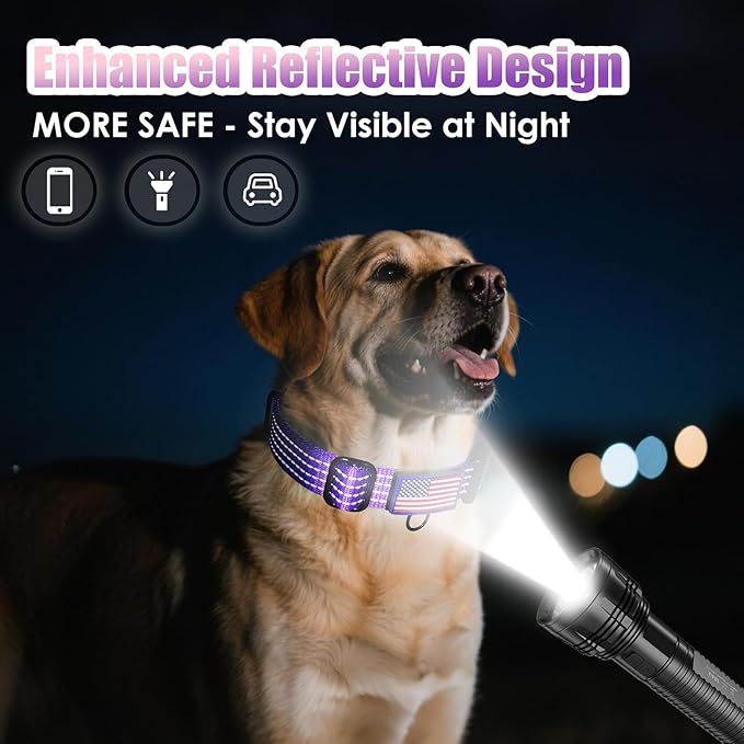 Martingale Dog Collar, Reflective No Pull Training Collar with Quick Release Buckle & USA Flag, Heavy-Duty Nylon, Adjustable for Small Medium Large Dogs (M,Purple