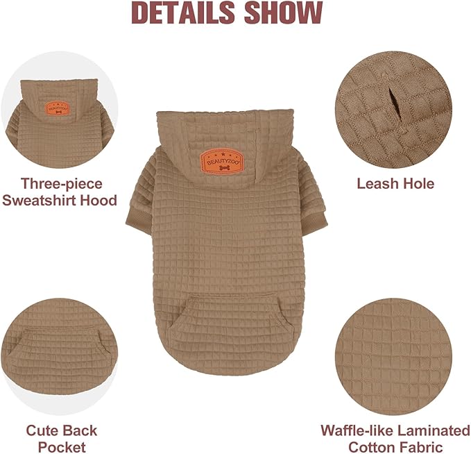 BEAUTYZOO Small Dog Hoodie Sweater with Pockets, Dog Clothes for Small Medium Dogs Boy Girl, Waffle-Like Laminated Cotton Pet Coats with Hat and Leash Hole, Khaki L