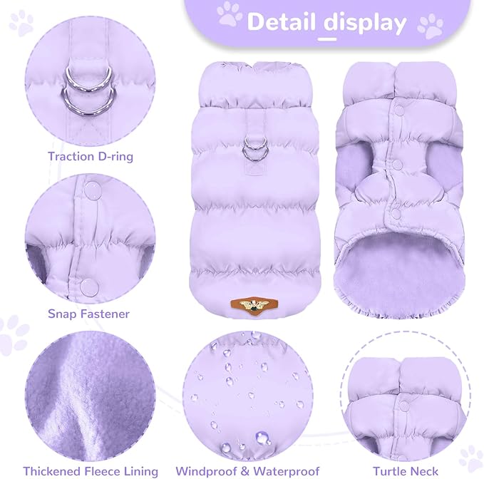 Winter Warm Dog Jacket for Small Medium Dogs Cat Cold Weather Coats with Harness Paded Dogs Fleece Vest Waterproof Windproof Dog Snow Jacket Pet Puppy Clothes (Purple,XL)