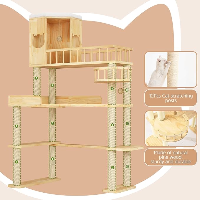 Corner Cat Tree for Automatic Litter Box, 61'' Tall Wood Cat Tower for Self Cleaning Litter Box, Cats Tree for Indoor Cats Large Adult, 6-Level Solid Wood Cat Furnitue w/12Pcs Scratching Post