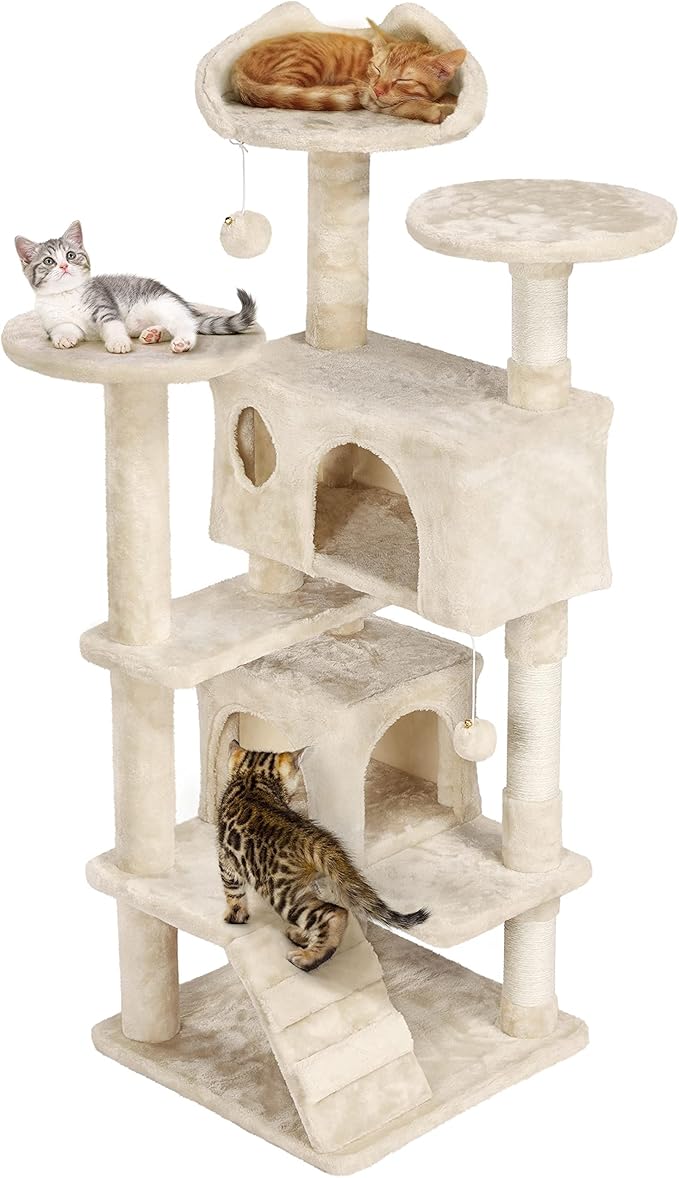 Topeakmart 54in Cat Tree, Cat Tower w/Large Cat Condo Scratching Posts and Perch, Cat Stand House Furniture, Beige