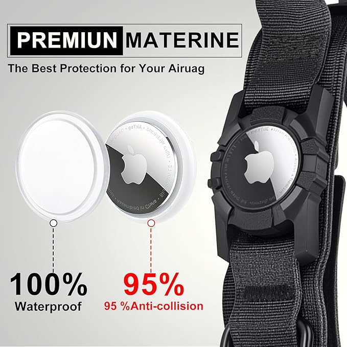 Tactical AirTag Dog Collar Leash Set - Heavy Duty, Adjustable GPS Collar Compatible with Apple AirTag, with Holder & Control Handle for Medium/Large Dogs [Black, XL]