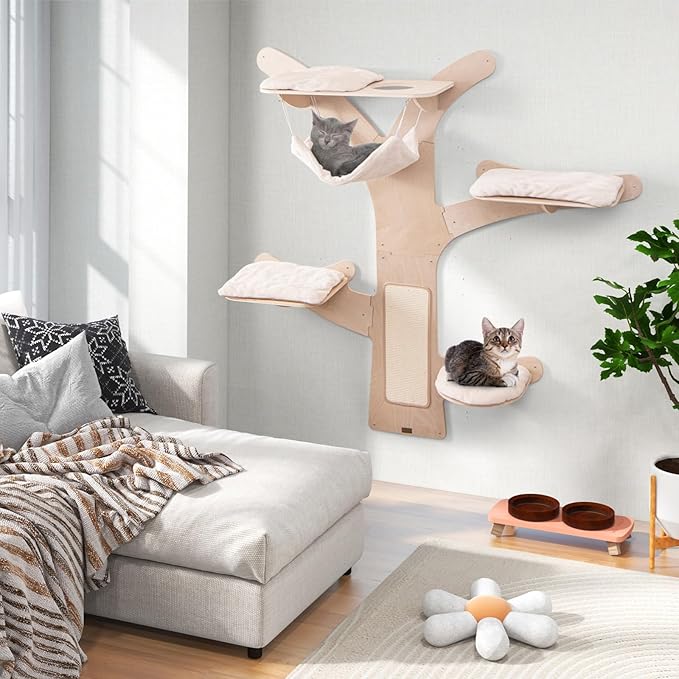 Tangkula Cat Wall Shelves, Wall Mounted Cat Tree Furniture with 4 Padded Platforms, Hammock, Sisal Scratching Mat, Removable & Washable Cushions, 5-Level Cat Climbing Steps for Wall