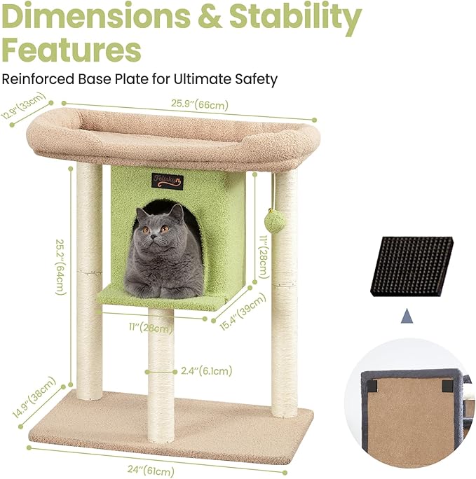 Cat Tree Tower Scratching Post for Indoor Large Cats, Small Cat Tree with Big Perch Bed, 28in Tall Trees House with Condo Cave, Toy Balls, Modern Climbing Furniture Platform for Kitten (Green)