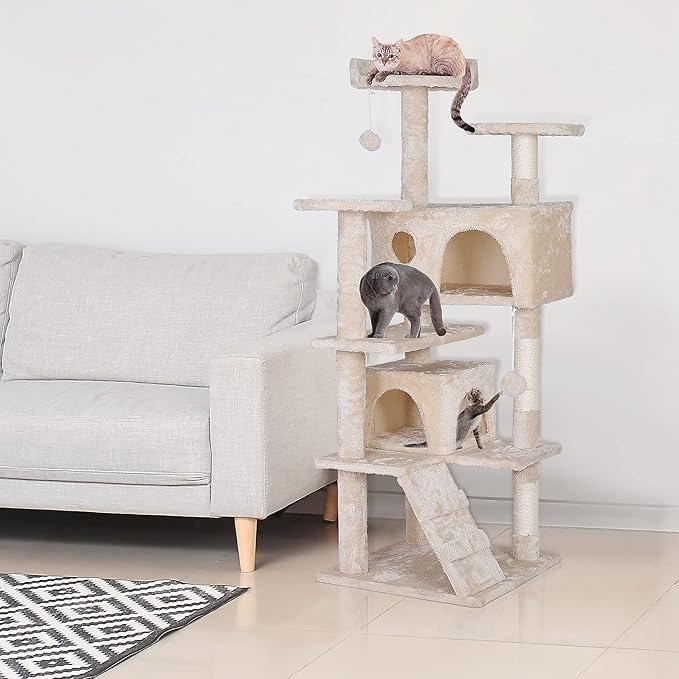 53 inches Heavy Duty Multi-Level Cat Tree Tower with Condo Furniture & Scratching Posts for Kittens Play Rest (Beige)