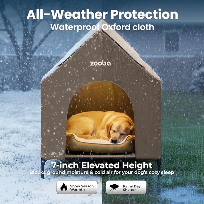 36" Large Dog House for Large Dog Indoor or Outside, Weatherproof 600D PVC Outdoor, Featuring Breathable 2x1 Textilene Elevated Dog Bed, Easy Clean (Brown)