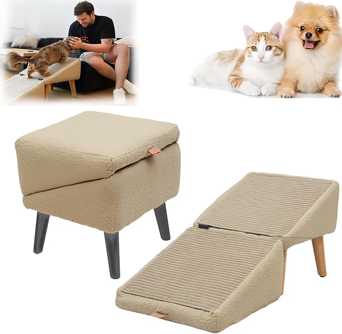 Split Ottoman Dog Ramp, 14.5" H Dog Chair with Ramp for Bed, Folding DogStairs, for Large and SmallDogs, 2-in-1 Lightweight Pet Steps (Beige, Large)