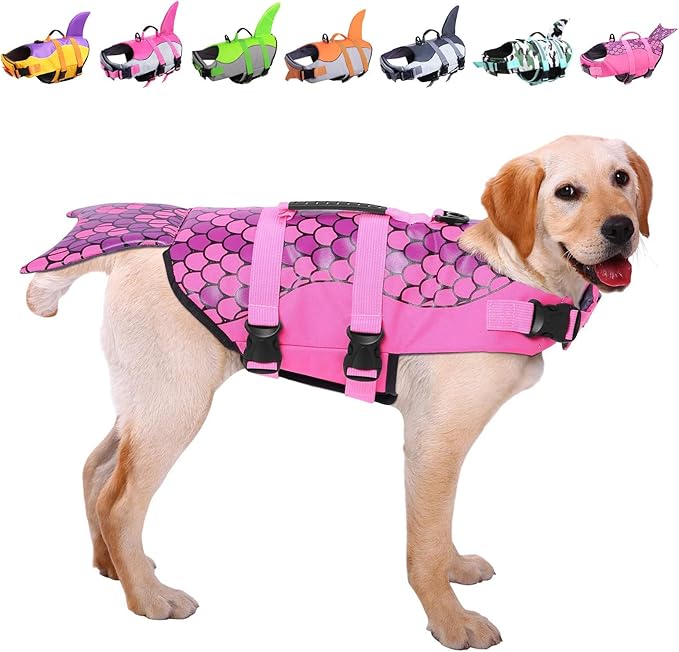ASENKU Dog Life Jacket - Pet Safety Vest for Swimming & Boating, Shark Life Jacket with Floatation, Dog Lifesavers Swimsuits for Small Medium Large Dogs (Mermaid Pink, S)
