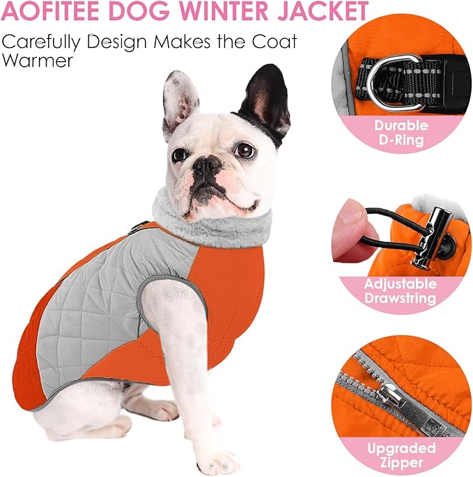 AOFITEE Dog Coat, Warm Dog Jacket, Reflective Dogs Winter Coat with Harness Built in and Fleece Lined, Waterproof Pet Winter Jacket Snowsuit for Small Medium Large Dogs, Orange L