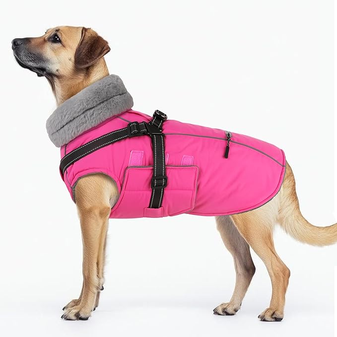 PETDSH Dog Coat Medium, Built-in Harness Dog Jacket with Warm Fleece Lining, Waterproof Reflective Dogs Winter Coat, Pet Coats with Pocket and Trash Bags (Pink, Medium)