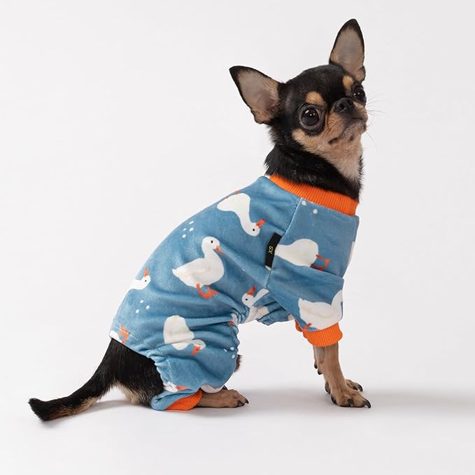 Fitwarm Adorable Duck Dog Pajamas, Warm Winter Dog Clothes for Small Dogs Boy Girl, Cozy Pet Onesie with Feet, Blue, White, Orange, Small