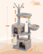 53-Inch Tall Cat Tree with 2 Condos for Indoor Cats,Cat Tower with Scratching Posts for Small Cats,Grey Cat Tree Tower with Hammock and Cat Toys
