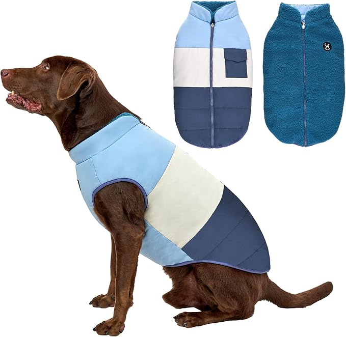 Reversible Dog Winter Coat, Waterproof Warm Fleece Sweater Windproof Lightweight Pet Snow Jacket for Medium Large Dogs with Double Ended Zipper, Cold Weather Dog Coat,Blue,XL