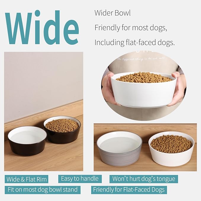 Black Elevated/Raised Dog Bowl Ceramic with Wood Stand for Medium Large Breed,Dog Food Water Dish Heavy Wighted,8 in Non Slip Modern Cute Porcelain Pet Bowl Extra Large Wide Mouth