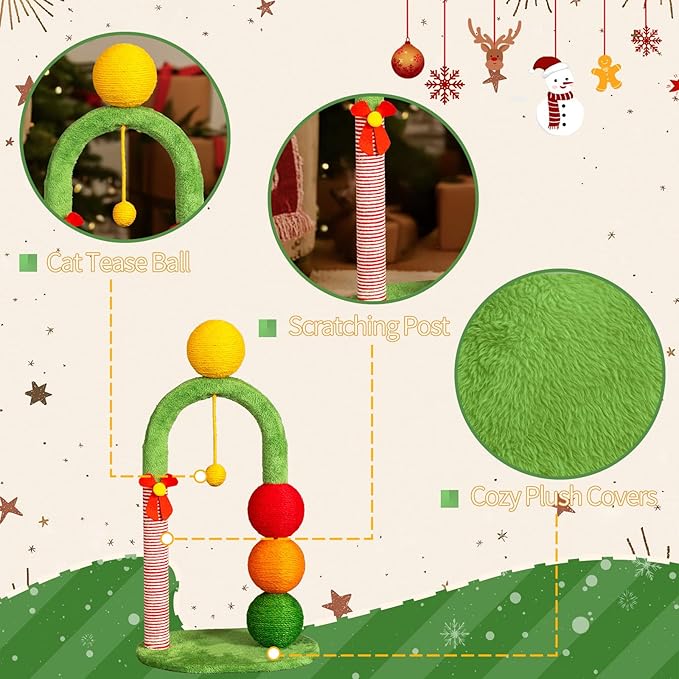 Christmas Cat Tree Tower with Scratching Post, 29 Inch Holiday Themed Cat Furniture with Candy Cane Striped Sisal Post, Dangling Toys, Plush Balls, 15.7x12.6x28.7 Inches