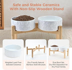 SPUNKYJUNKY Elevated Dog Bowls Ceramic, 7.3'' Dogs Food Water Bowls Raised with Non-Slip Bamboo Stand for Medium to Large Sized Breed Microwave Dishwasher Safe - 42 OZ,Skull White