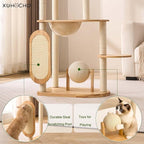 Modern Cat Tree with Scratching Post, Solid Rubber Wood Cat Tree Tower for Indoor Cats with Cotton Nest, Space Capsule, Cat Scratching Ball and Board