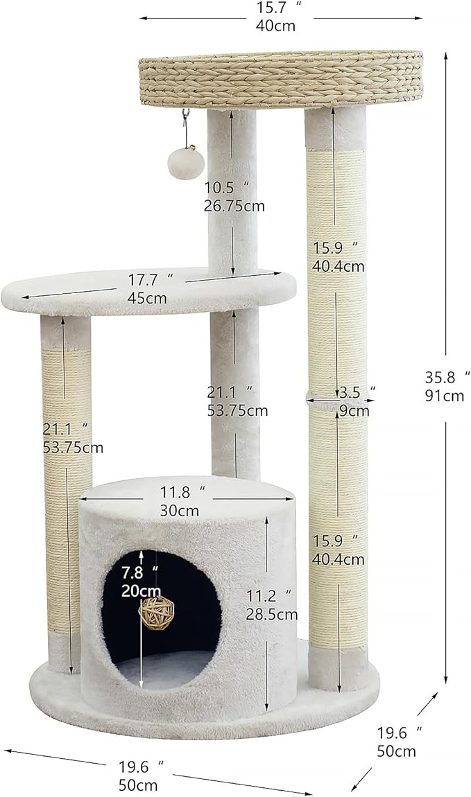 PetPals 4-Level Multi-Activity Cat Tree with Base Condo,Handwoven Paper Rope Top Nest Bed, Replaceable Sisal Scratching Posts,Teaser Toy (Cream and Beige)