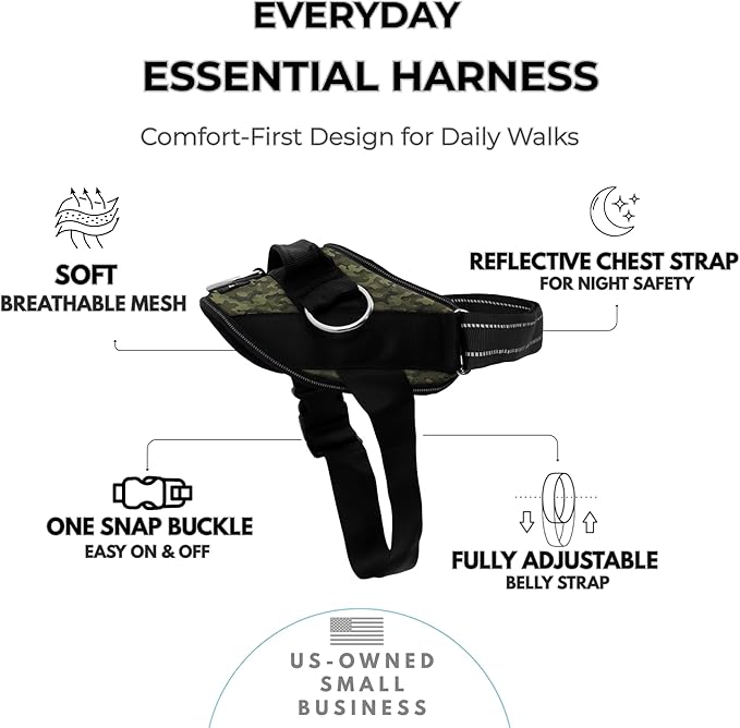 ShawnCo Essential Dog Harness, No-Pull Pet Vest with 3 Leash Clips, No Choke, Reflective, Adjustable and Padded, for Easy Walking and Training for Small, Medium and Large Dogs (Military Camo, XL)