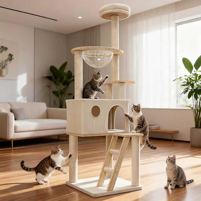 Solid Wood 65" Cat Tree Modern, Multi-Level Cat Tower for Indoor Cats, Sturdy Cat Tower with Hammock, Cozy Condo, Scratching Posts & Ladder