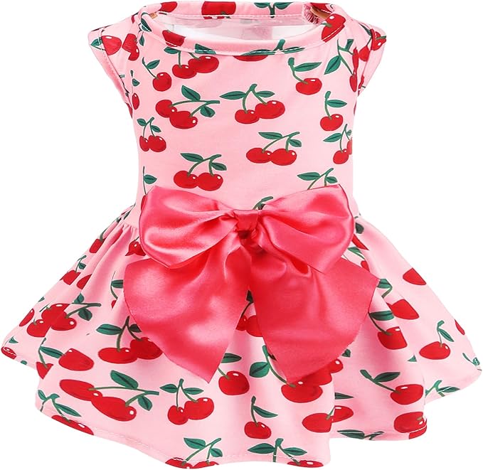 PUPTECK Print Dog Dress Pet Apparel with Cute Bowtie Puppy Clothes Outfit, Cherry, XS