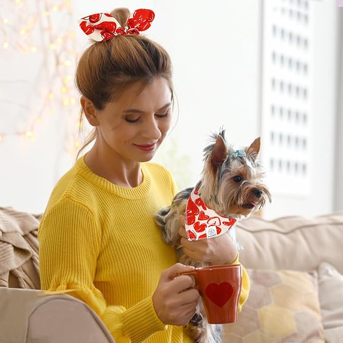 E-Clover Valentine Dog Bandana & Matching Scrunchie-Heart Cute Dog Bandanas Red Pet Scarf Bib for Small Dogs Puppy Girl Boy Owner Mothers Day Mom Gift