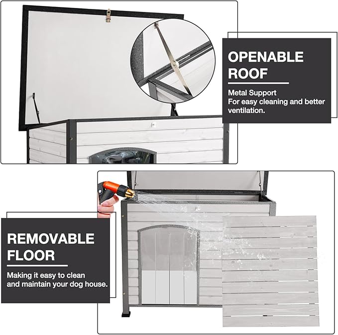 43.3’’ Large Dog House Outdoor Weatherproof Dog Kennel with Upgraded Thickened Metal Frame, Dog Shelter with PVC Curtain, Openable Roof and Removable Floor, Easy to Clean (White)
