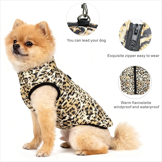 Idepet Pet Dog Cat Coat with Leash Anchor Color Patchwork Padded Puppy Vest Jacket Teddy Chihuahua Costumes Pug Cloth XS S M L(XX-Large,Leopard)