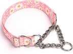 Stainless Steel Chain Martingale Dog Collar, No Pull Slip Cinch Choker Choke Collar Training Escape Proof Heavy Duty Dog Collar for Medium Large XL Pet Dogs, Pink Daisy XL
