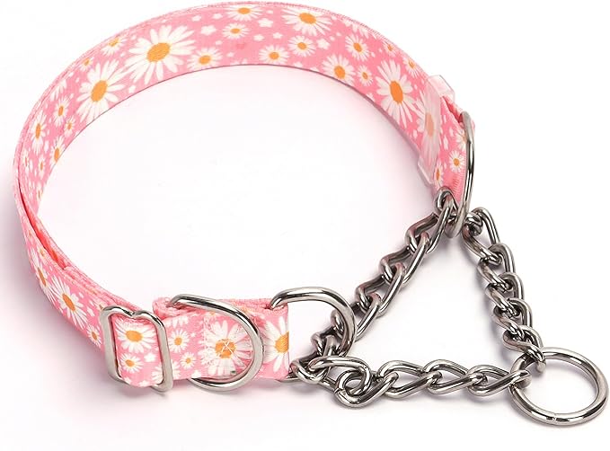 Stainless Steel Chain Martingale Dog Collar, No Pull Slip Cinch Choker Choke Collar Training Escape Proof Heavy Duty Dog Collar for Medium Large XL Pet Dogs, Pink Daisy XL