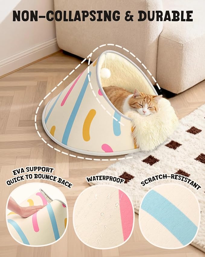 BurgeonNest 20-Inch Round Cat Bed Cave, Enclosed Hooded Pet House for Indoor Kittens, Anti-Collapse EVA Shell with Cord Access for Heating Pad, Washable Soft Plush, Beige