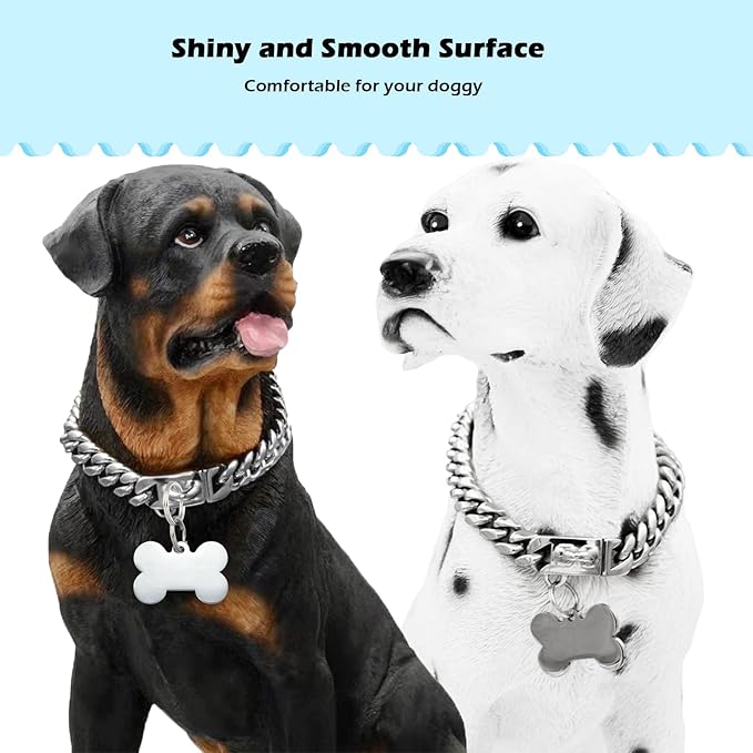 Strong Stainless Steel Silver Dog Collars with Safety Buckle Lock,Cuban Link Chain Training Walking Collar,Dog Necklace Chain for Small Medium Large Dogs