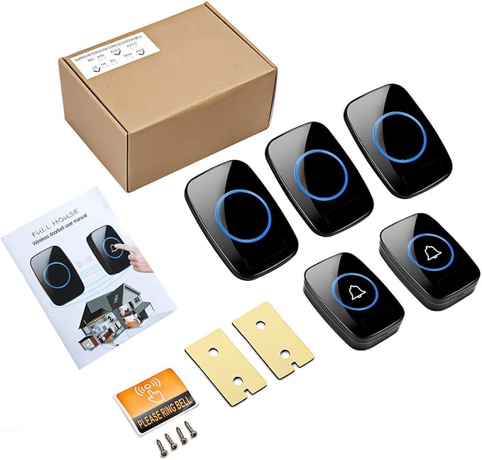 Wireless Doorbell, FullHouse Waterproof Door Bell Kit, Distinguish Front and Rear Doors, Over 1000 feet Range and 60 Chime, 5 Levels Volume and LED Flash, for Home Office Classroom