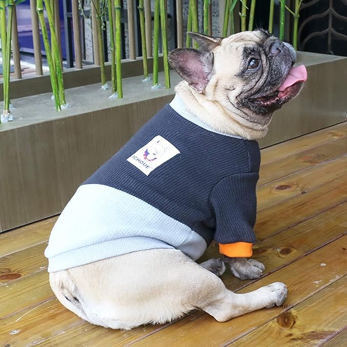 iChoue Pet Dog Crewneck Sweater Color Block Pullover Winter Warm Clothes for English Bulldog Bully Pitbull - Black and Grey/XLarge