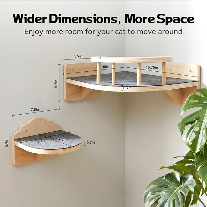 Cat Shelves for Wall, Corner Cat Wall Shelf with 3 Wide Steps, Wooden Wall Mounted Cat Shelf for Indoor Cats, 30 lb Capacity, Removable Plush Pads, Cat Climbing Perch Set for Large Cats