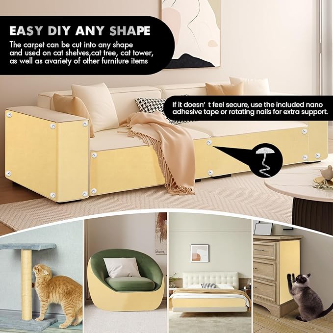 Ultra-Durable Cat Scratch Furniture Protector - 78.7" x 15.8" Self-Adhesive, Scratch-Resistant, No Shedding, Fits Any Furniture, Includes Nano Adhesive and Rotating Nails, Furniture Savior (Beige)