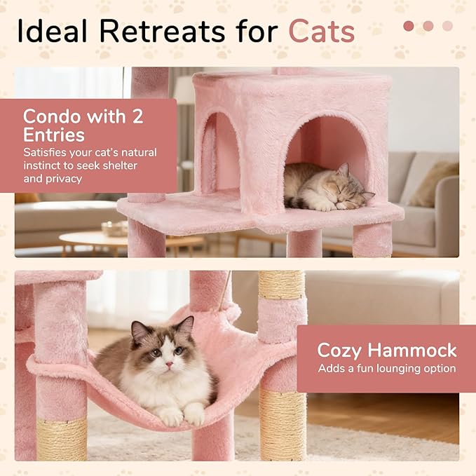 DORTALA Cat Tree for Indoor Cats, 44" Modern Cat Tower with Top Perch, Condo, Hammock, Sisal Scratching Posts, Dangling Balls, Platforms, Multi-Level Pet Climbing Furniture Playground (Pink)