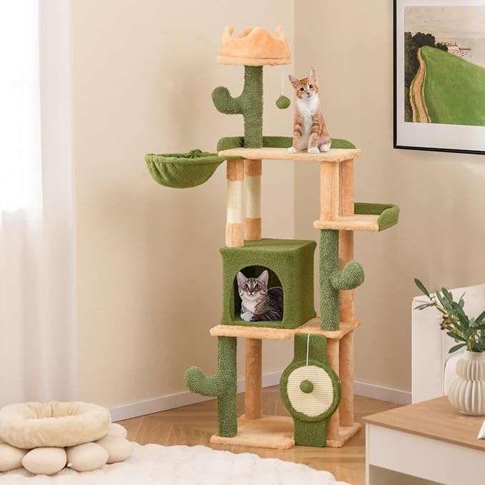 PETSITE 63 inch Cactus Cat Tree, Multi-Level Tall Cat Tower with Sisal Scratching Posts and Board, Comfy Condo, Rotatable Basket, Hanging Toys, and Anti-tipping Device, Modern Cat Tree for Indoor Cats