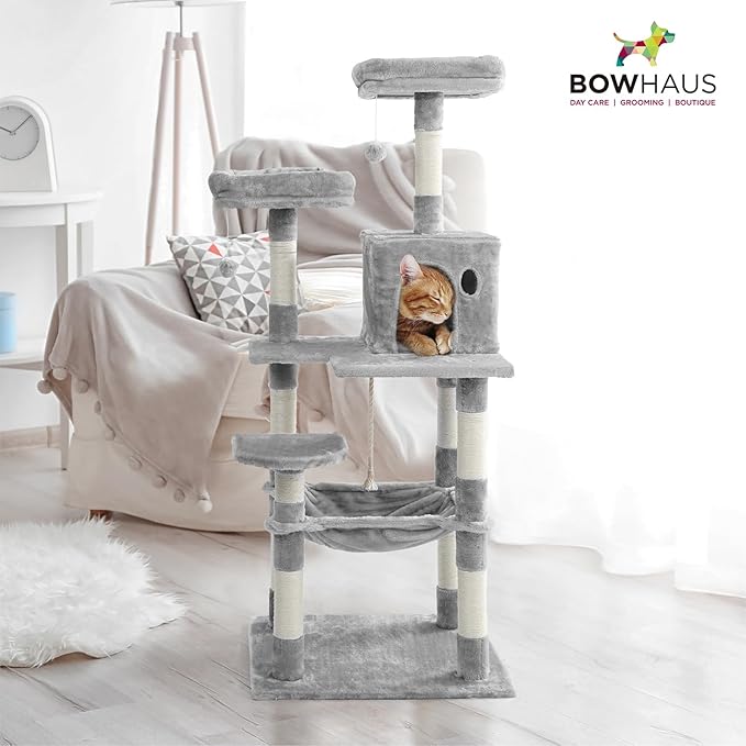 Tall Cat Tree for Indoor Large Cats or Kittens, Multi-Level Cat Activity Tree with Scratching Posts, Hammock, Cat Cave Condo, Modern Cute Small Cat Climbing Tower with Widened Perch