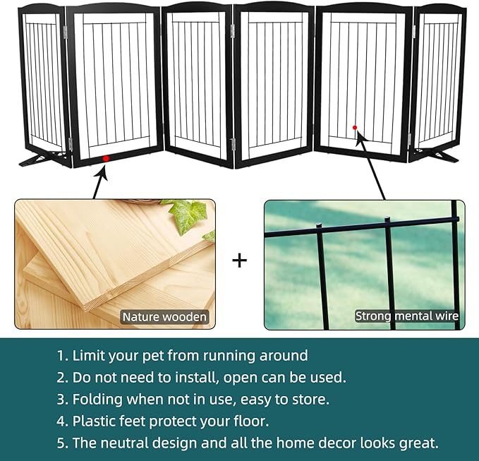 Dog Fence Indoor,Dog Gate Indoor for Doorway pet gate -6-Panel Freestanding, Hallways, House or Stairs -120x32-Inch Retractable Foldable Expandable Wood Pet by SFJC (Black) ﻿