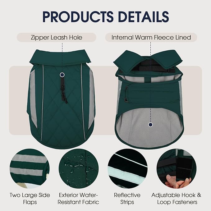 IECOii 4XL Winter Dog Coat - Adjustable Warm Fleece Jacket Reflective Cold Weather Coats Waterproof Dogs Vest for Barrel Chest Giant Breeds, Great Dane, Snow & Rain Walking, Skiing, Green, Sizes XXXXL