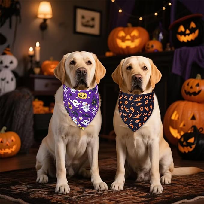 Halloween Dog Bandanas 2-Pack for Small to Medium Dogs - Reversible Ghost Pumpkin Print Scarf - Brown & Black for Costume Parties
