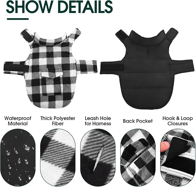 Kuoser Dog Winter Coat, Windproof Dog Fleece Jacket British Style Plaid Cold Weather Doggie Vest Coats, Reversible Cozy Warm Pet Clothes Apparel for Medium Dogs M