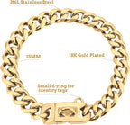 BAOBOTE 15MM Gold Stainless Steel Dog Collar with Cuban Link Chain Heavy Duty Chew Proof Training Collar for Dogs(22" Gold)